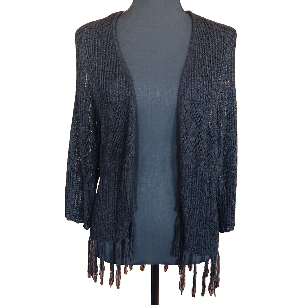 XXI Women's Small, Black Crochet Sweater, Open Knit with Tassels Cardigan Sheer